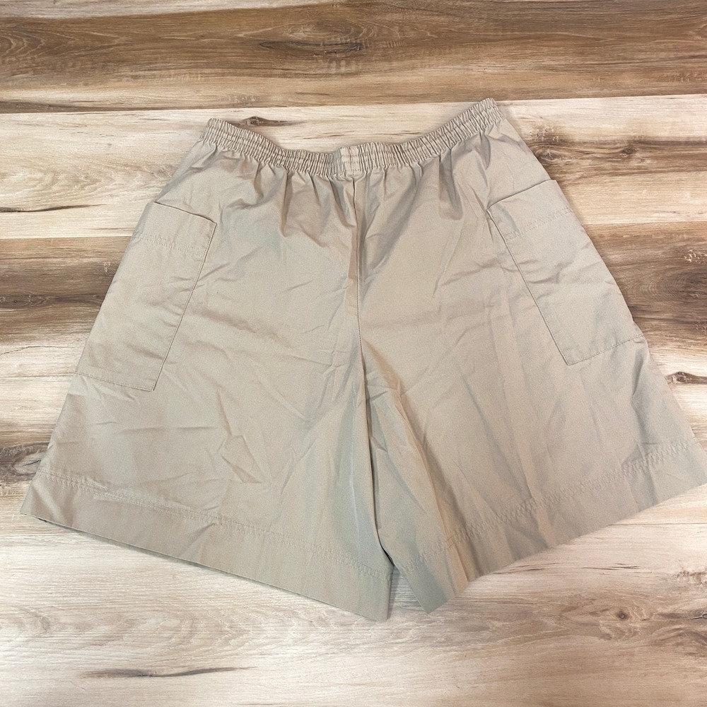 Lands End Women Beige Cargo Shorts Elastic Waist Size L Polyester Cotton Blend